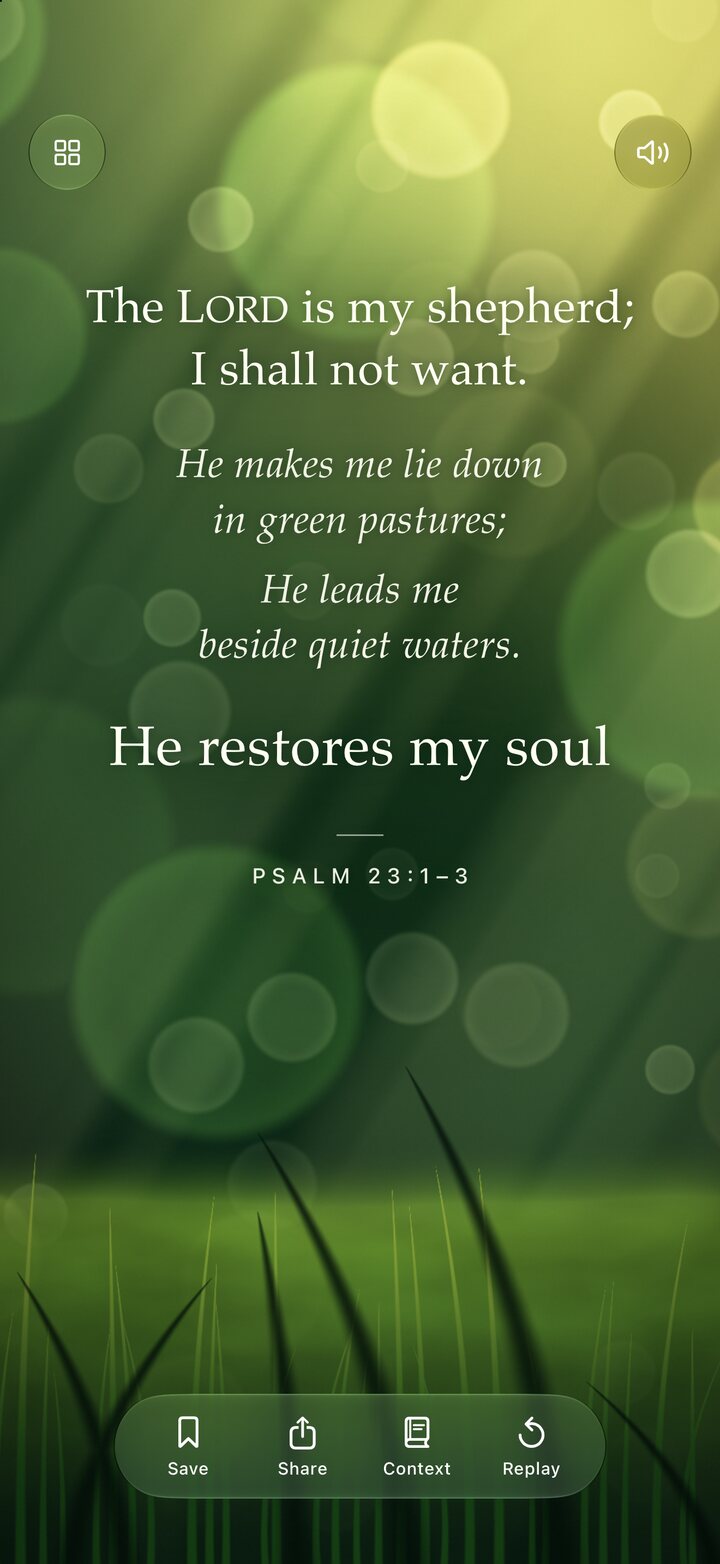 “The LORD is my shepherd; I shall not want”, set in white type over a sunlit green meadow. Below it, buttons to save, share, read in context and replay.