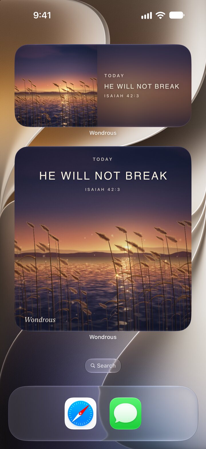 Two Wondrous widgets on an iPhone Home Screen, each showing a sunset over reeds and the words “He will not break”, Isaiah 42:3.